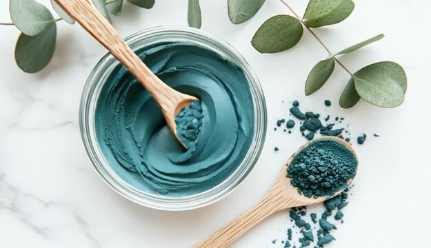 Clear glass bowl filled with blue spirulina powder or blue clay face mask, wooden spoon inside the bowl and another wooden spoon with blue powder beside it on white marble surface

