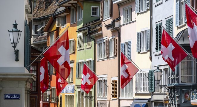 Swiss flag in the old town, Zurich, Switzerland