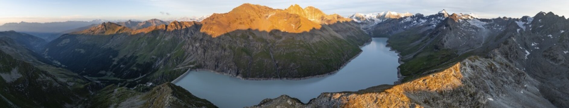 Alpine panorama with Pigne d'Arolla, Lac de Dix, sunset in the mountains, reservoir, Valais Alps, Valais, Switzerland