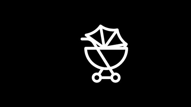 Simple white outline icon of a baby stroller on a black background