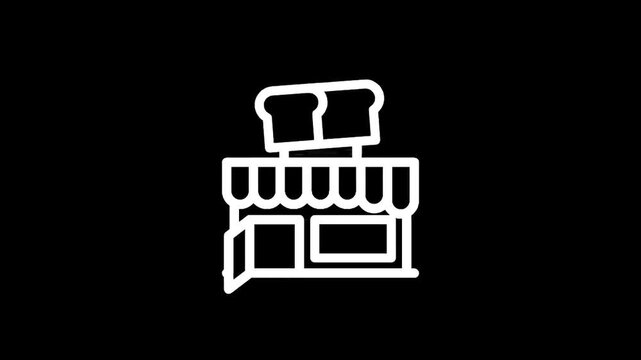 Simple line art icon of a bakery storefront with toast sign on a black background