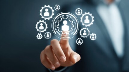 Fototapeta premium Businessman Engaging with Digital Interface and Touchscreen Technology Representing Connections and Collaboration in Modern Work Environment