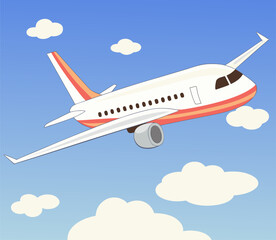 Modern Commercial Airplane Flying Through Blue Sky Clouds