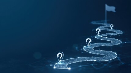 Obraz premium Abstract Digital Illustration of a Winding Path with Question Marks and a Flag on a Blue Background
