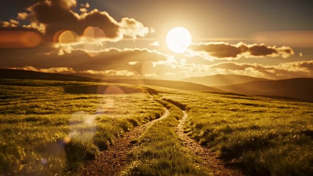 Sunset over rolling grassy hills with dirt path sweeping through landscape captured in warm golden hour light