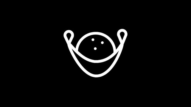 Minimalist white line art icon of a coconut in a hammock on a black background