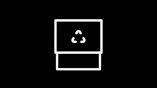 Simple white outline icon of a recycling bin with a recycling symbol on a black background