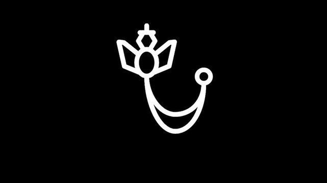 Minimalist white outline of a crown with a dangling chain and loop on black background