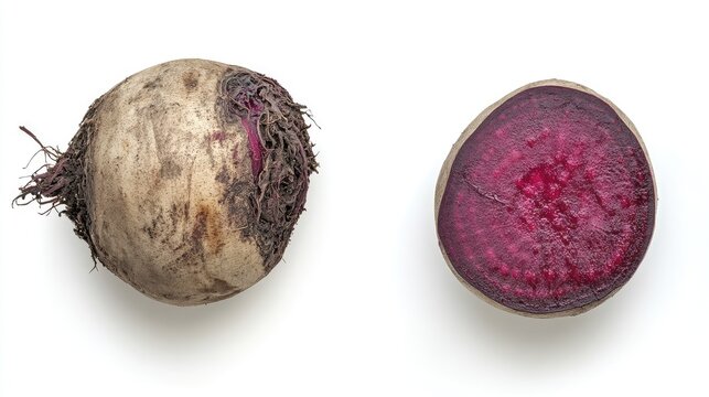 A whole raw beet with dirt still attached next to a sliced beet showing its vibrant purple interior on a white background.