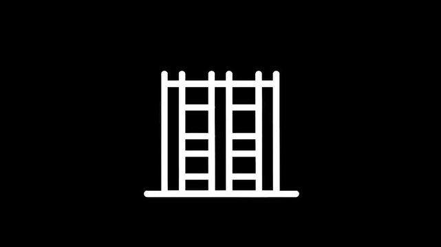 Simple white outline of a double door with vertical bars on a black background