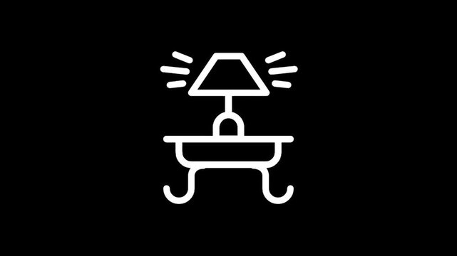 Simple line icon of a glowing table lamp on a nightstand against a black background