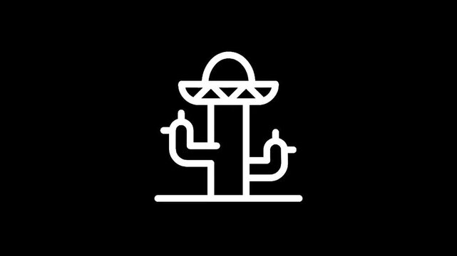 Stylized white line art of a cactus wearing a sombrero on a black background