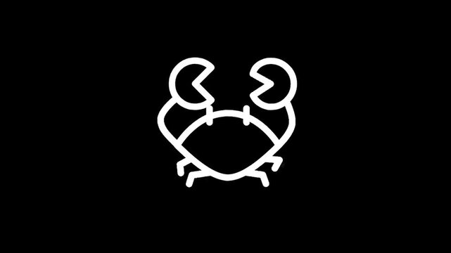 Simple white crab icon on a black background, minimalist line art illustration