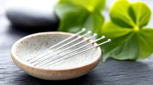 Acupunture acupuncture needles in a bowl, promoting traditional chinese medicine, holistic therapy, and alternative health treatment