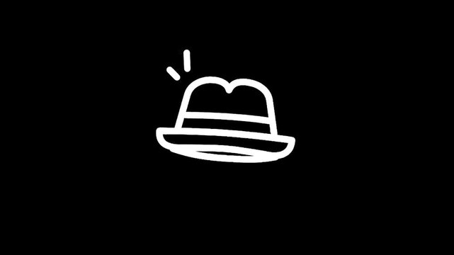 Simple white outline of a fedora hat with a band on a black background