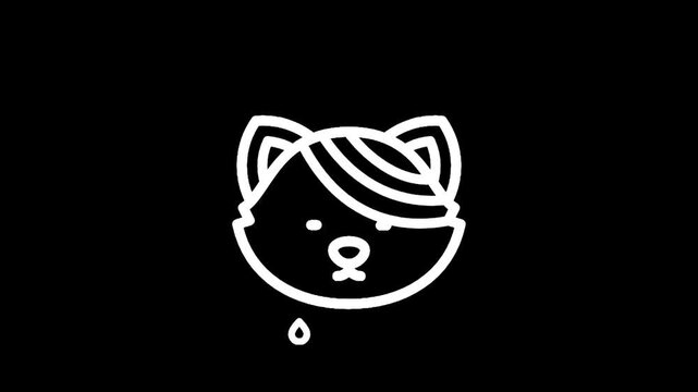 Minimalist white cat face icon with bangs on a black background