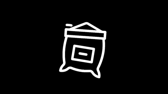 Simple white line drawing of a burlap sack with a label on a black background