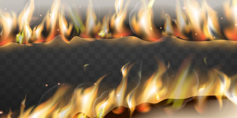 Realistic Fire Flames Horizontal Borders Isolated on Transparent Background