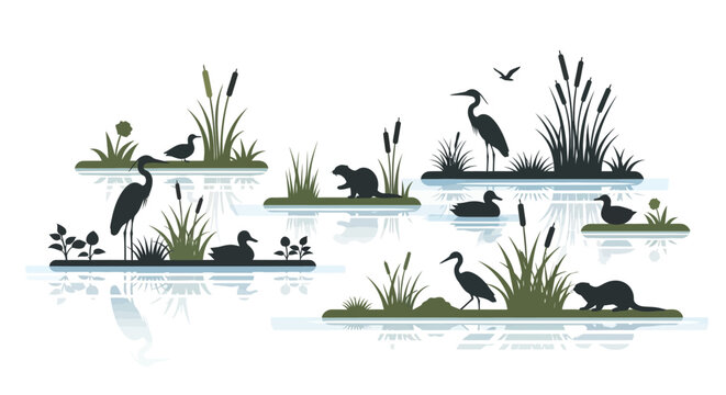 Vector illustration of a wetland ecosystem on World Wetlands Day featuring various animals like ducks and birds in a serene lake environment with lush vegetation, promoting conservation and