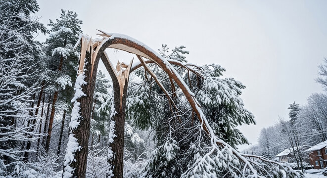 Broken trees after heavy snowfall depict winter storm damage. Snow covered branches from broken trees reveal power of extreme weather conditions.