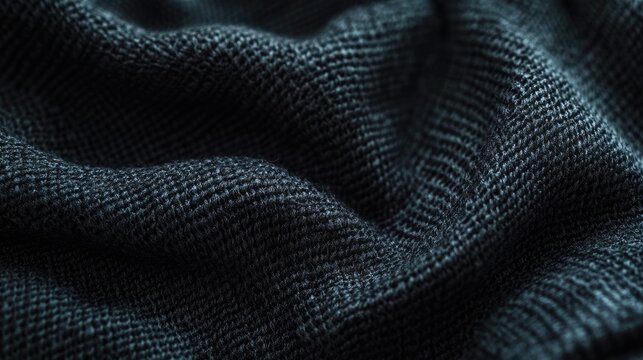 Close-up of a dark blue knitted fabric with soft folds and texture.