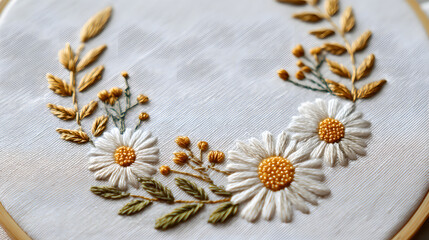 Obraz premium Elegant hand-embroidered floral arrangement with white daisies and golden leaf patterns on textured white fabric