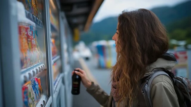 A traveling woman using a vending machine