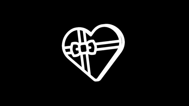 Simple white heart-shaped gift box with ribbon and bow icon on black background
