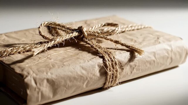 Brown Paper Wrapped Gift Tied With Twine Bow Isolated On White Seamless Background With Soft Natural Lighting