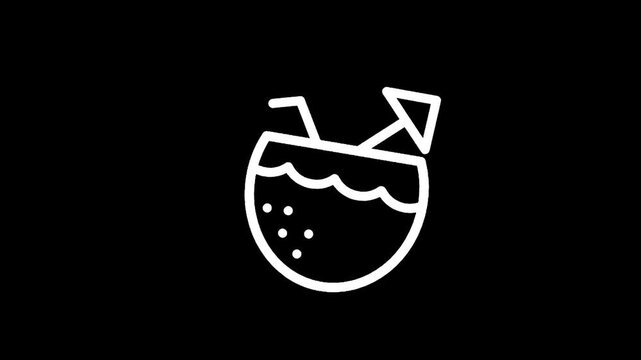 Simple white line art icon of a coconut drink with a straw and umbrella on black background