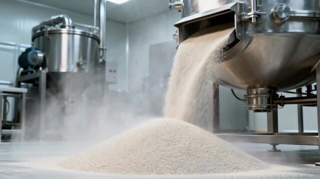 Medium shot of a clean granulation room showing fine powder particles transforming into smooth freeflowing granules after the drying process.