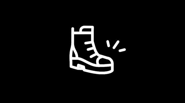 Simple white line art icon of a combat boot with laces and a thick sole on a black background