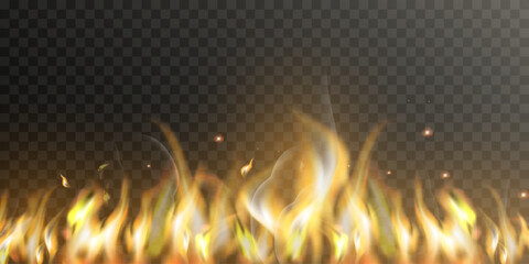 Realistic Fire Flames Border Isolated on Transparent Background