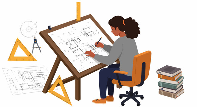 Young architect or engineering student drawing blueprints on a drafting table, surrounded by design tools and books, illustrating professional work and creative design process.