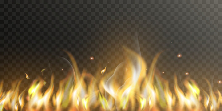 Realistic Fire Flames Border Isolated on Transparent Background