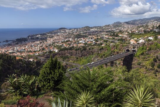 View from the botanical garden in Funchal, Jardim Botanico, to the city of Funchal, Madeira, Portugal