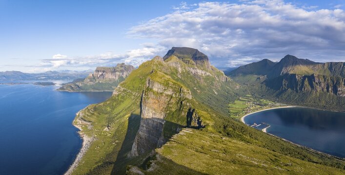 View from Finnesfjellet mountain to mountains and coast, Finnes, Helgeland coast, Bod&oslash;, Nordland, Norway