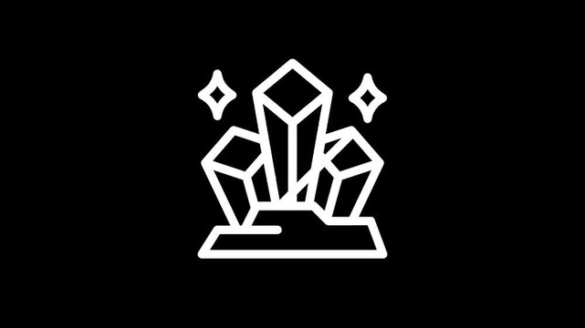 Abstract white crystal cluster icon on a black background with sparkling stars