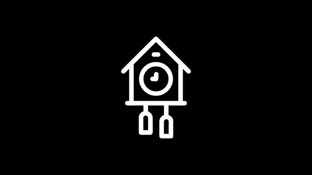 Simple white outline icon of a cuckoo clock on a black background