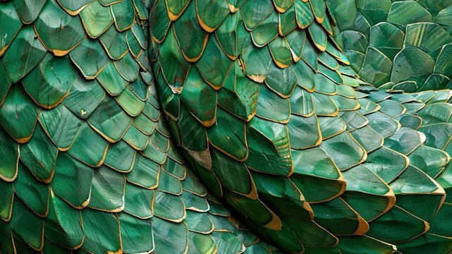 The green sculpture features overlapping leaf-like scales arranged in a twisting pattern. The setting includes natural elements, creating a vibrant visual display during daylight hours