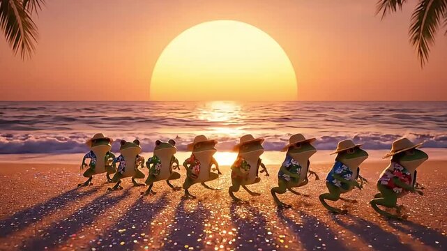 Animated Frogs in Hawaiian Shirts Walk Along a Tropical Beach at Sunset with Palm Trees and Ocean Waves.