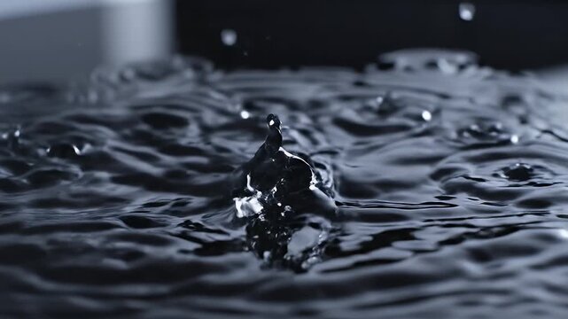 Close up of a water drop creating ripples on a dark surface with dramatic lighting effects