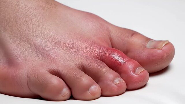 Close up of inflamed red toes with swelling and blisters on a white surface with a gray gradient background