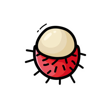 Cute cartoon illustration of a partially peeled rambutan fruit with red spiky skin and creamy white flesh, isolated on a white background.