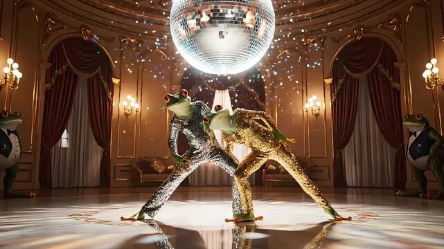 Anthropomorphic Frogs Dancing Under Disco Ball in Grand Ballroom.