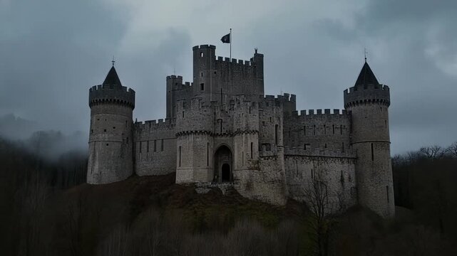 Medieval Castle in Moody Weather: Majestic Architecture Amidst Foggy Woodland