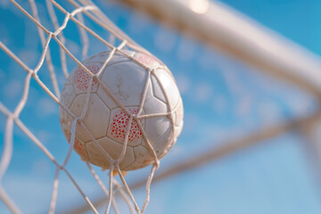 Soccer Ball Caught in Net Against Clear Blue Sky Background Capturing Victory