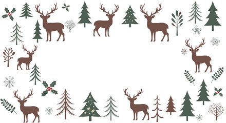 Fototapeta premium Festive holiday border illustration with silhouettes of brown reindeer wandering among various green and snowy evergreen trees.