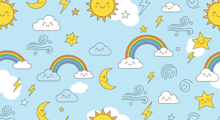 Obraz premium Cheerful weather seamless pattern with smiling suns, rainbows, clouds, crescent moons, stars, and lightning bolts on light blue.
