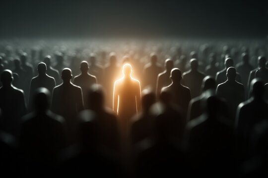 Persona brillante en multitud de siluetas oscuras, Individuo premium destacando con una luz &uacute;nica, Banner publicitario de liderazgo con persona brillante